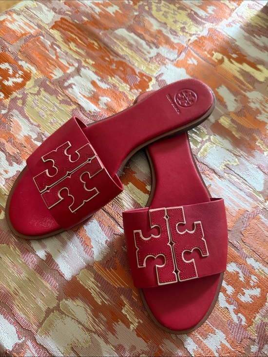 Tory Burch Shoes - Tory Burch Red/Gold Double T leather slides